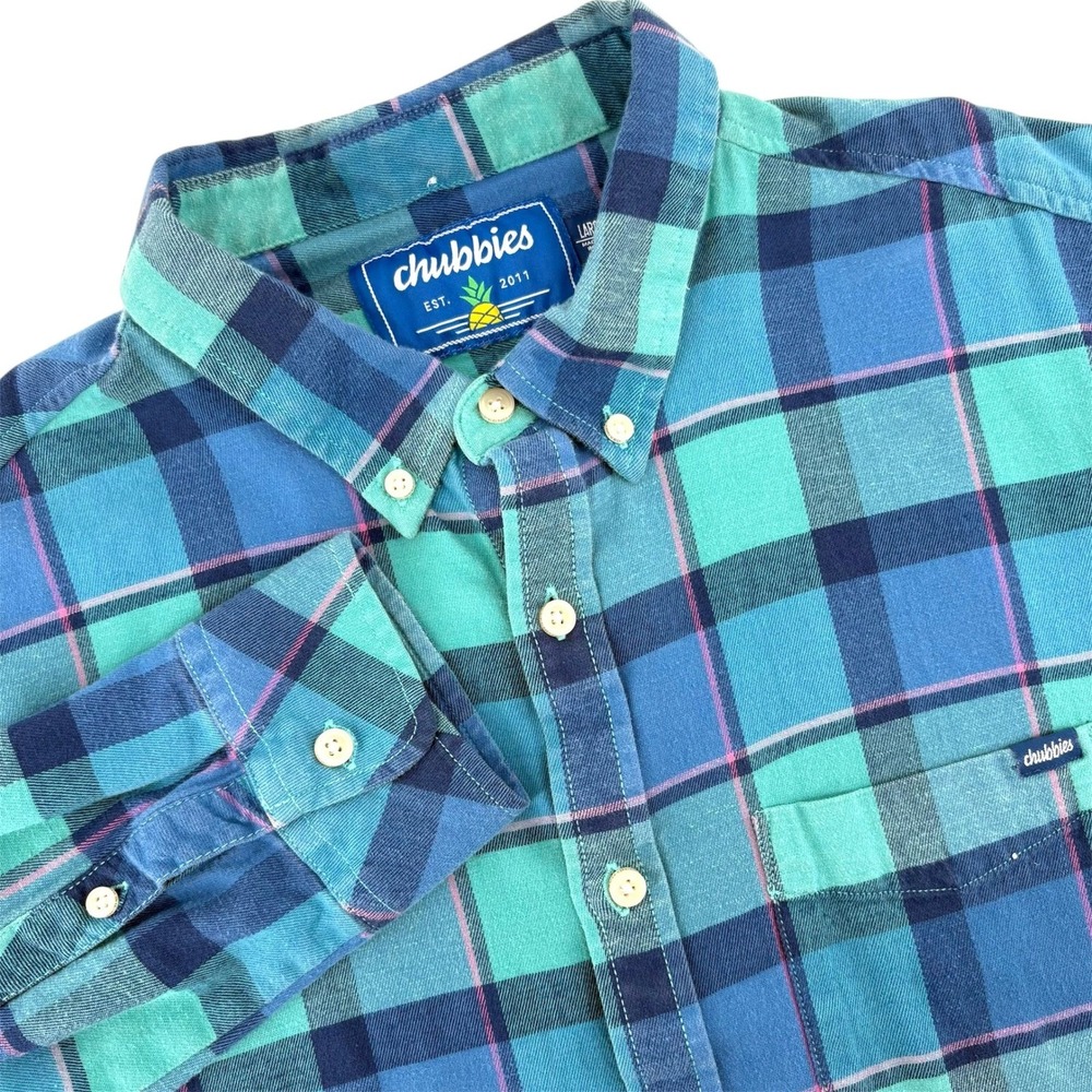Chubbies Mens Large Flannel Shirt Teal Blue Plaid Button Down Cotton Long Sleeve